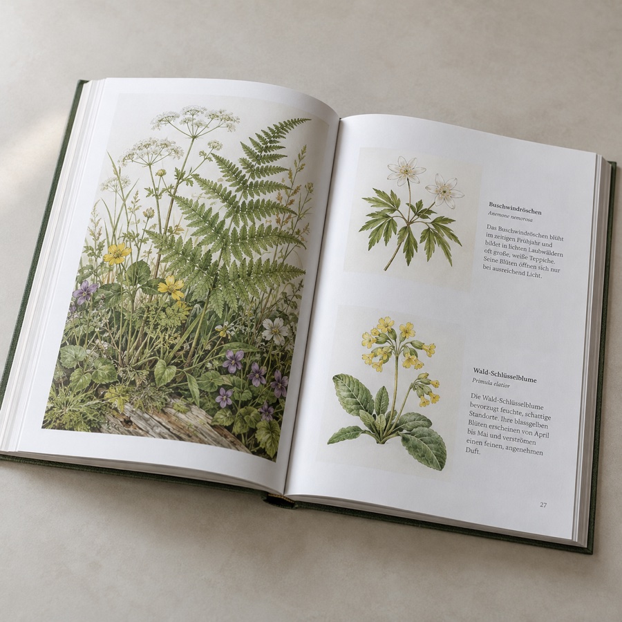 Anwendungsbeispiel: Botanisches Buch mit Illustrationen auf mattem Papier
