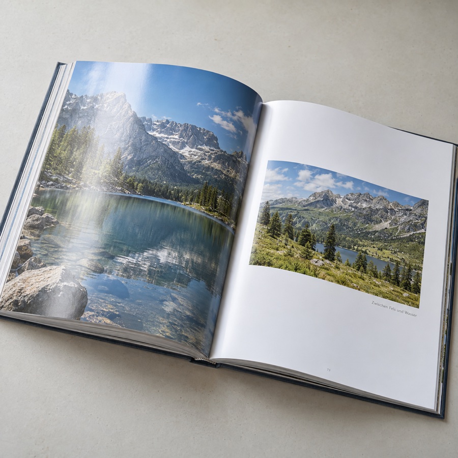 Anwendungsbeispiel: Fotobuch mit Landschaftsaufnahmen auf glänzendem Papier